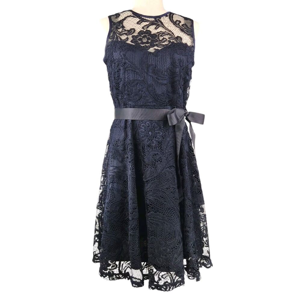Dress Barn Sleeveless Lace A-Line Dress 10 Petite Navy Blue Midi Cocktail Party